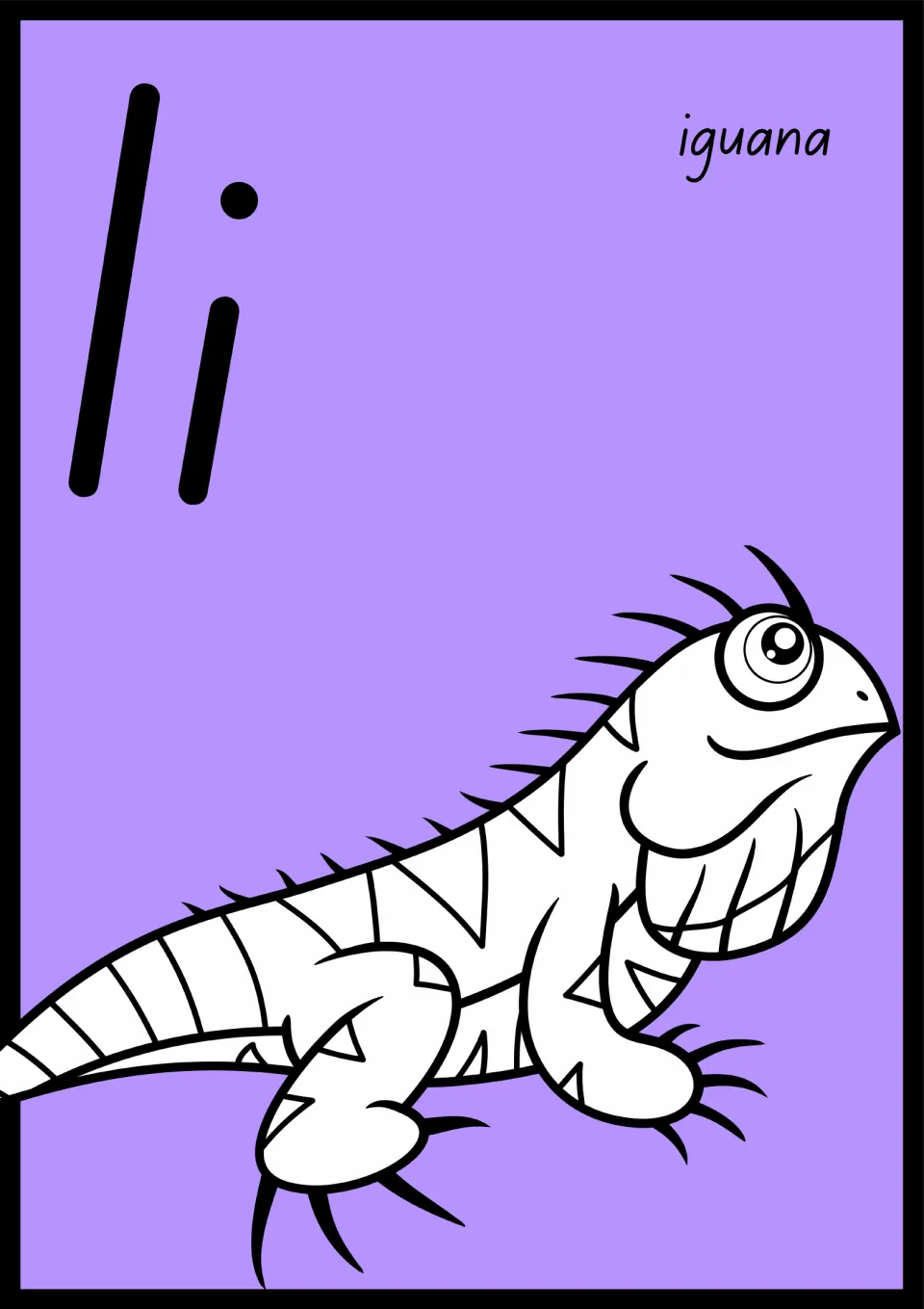 Animal alphabet poster for I: uppercase I and lowercase i paired with an iguana illustration labeled 'iguana'.