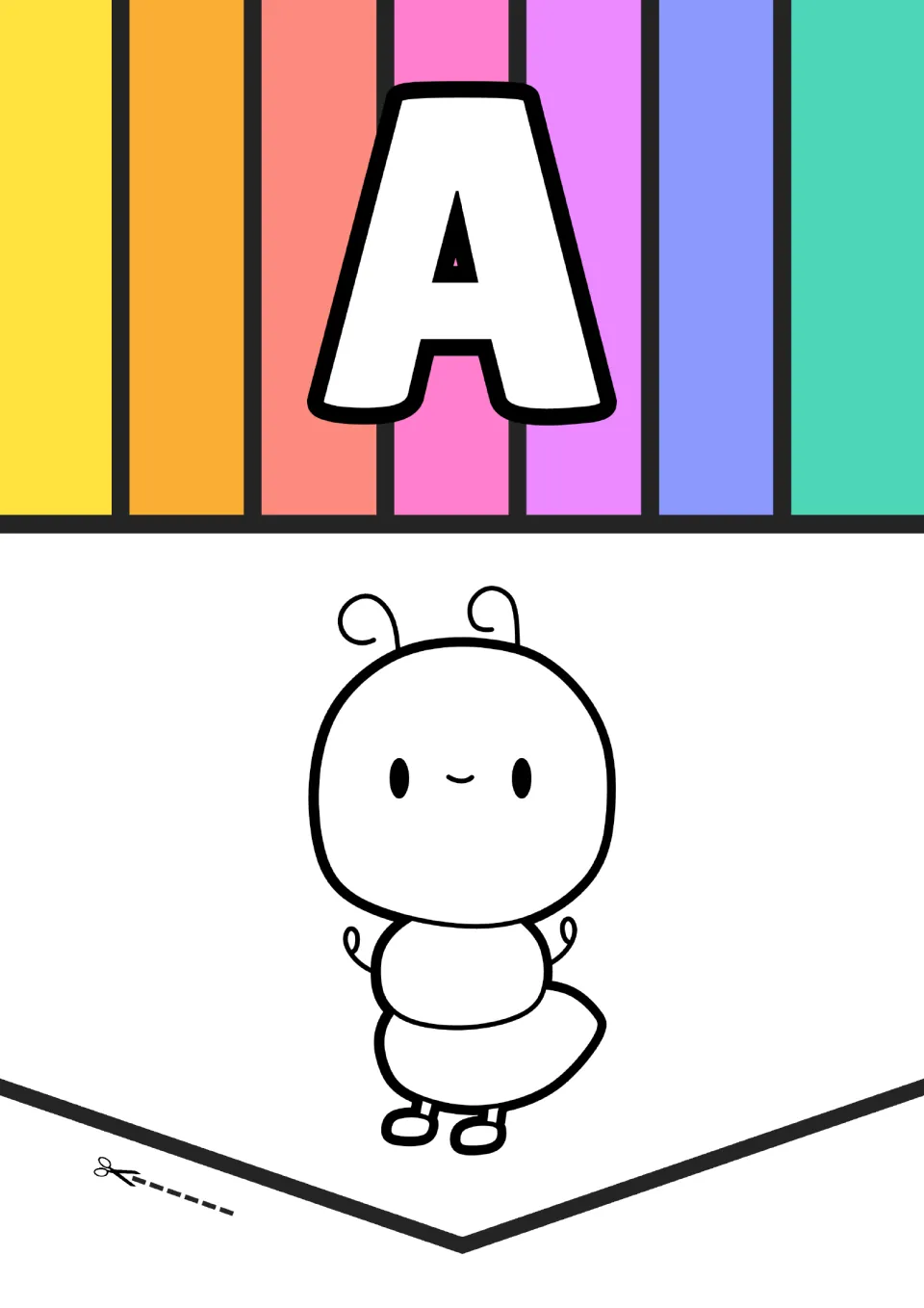 Animal alphabet poster for letter A, pairing a large uppercase A with an outlined ant picture to color.