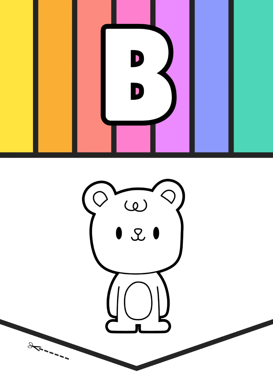 Animal alphabet poster for letter B, pairing a large uppercase B with an outlined bear picture to color.
