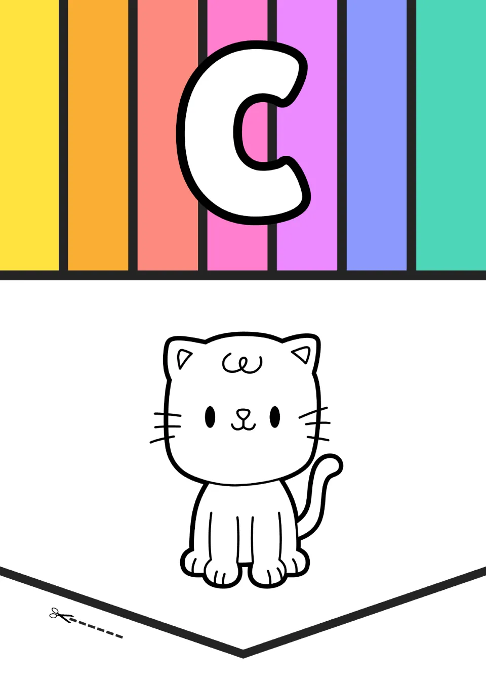 Animal alphabet poster for letter C, pairing a large uppercase C with an outlined cat picture to color.