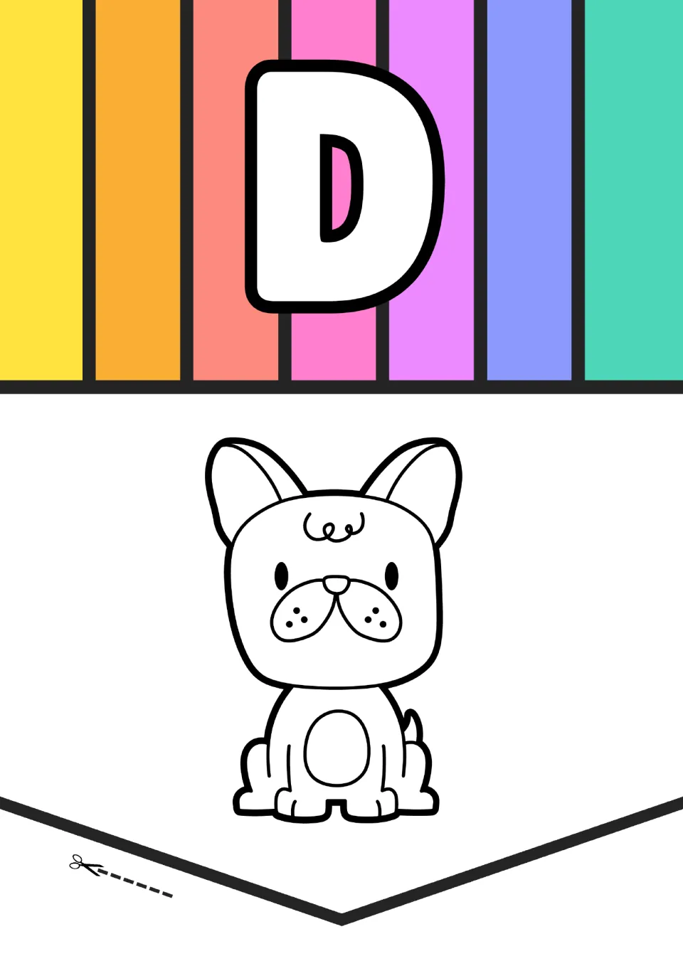 Animal alphabet poster for letter D, pairing a large uppercase D with an outlined dog picture to color.