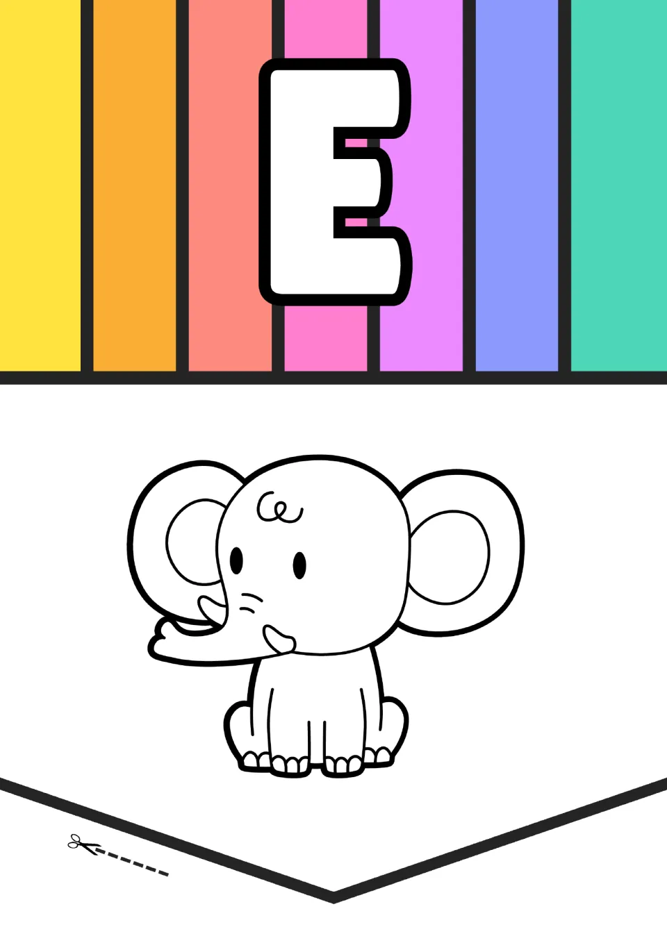Animal alphabet poster for letter E, pairing a large uppercase E with an outlined elephant picture to color.