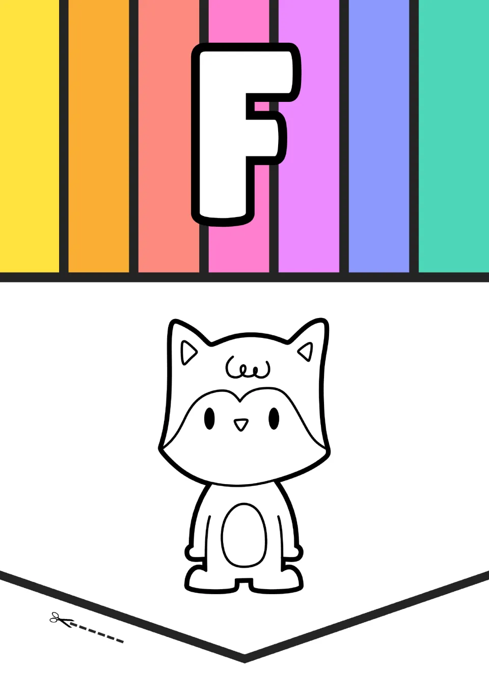 Animal alphabet poster for letter F, pairing a large uppercase F with an outlined fox picture to color.