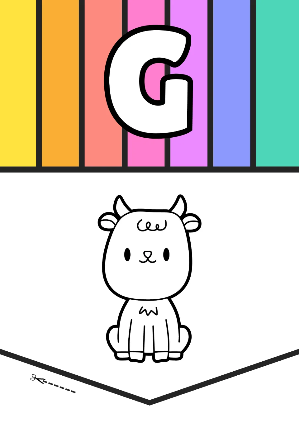 Animal alphabet poster for letter G, pairing a large uppercase G with an outlined goat picture to color.