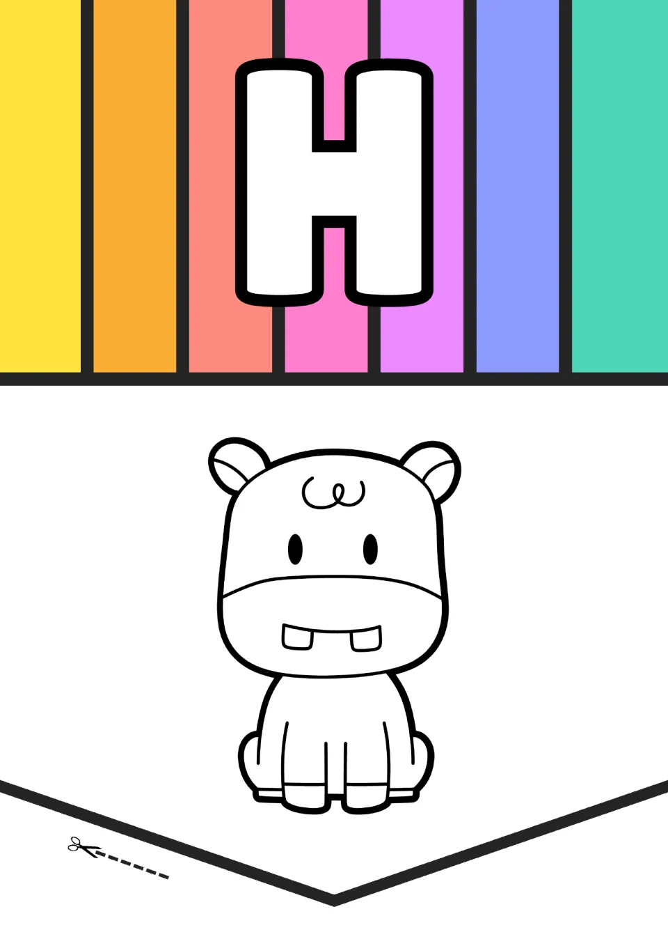 Animal alphabet poster for letter H, pairing a large uppercase H with an outlined hippo picture to color.