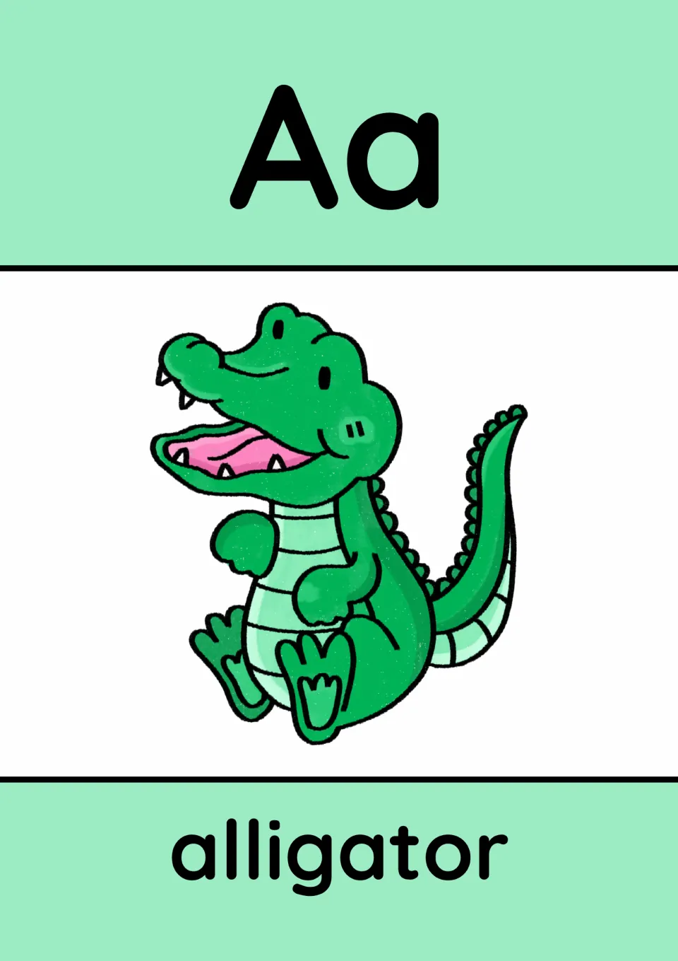 Animal alphabet poster for A: uppercase A and lowercase a paired with an alligator illustration and label