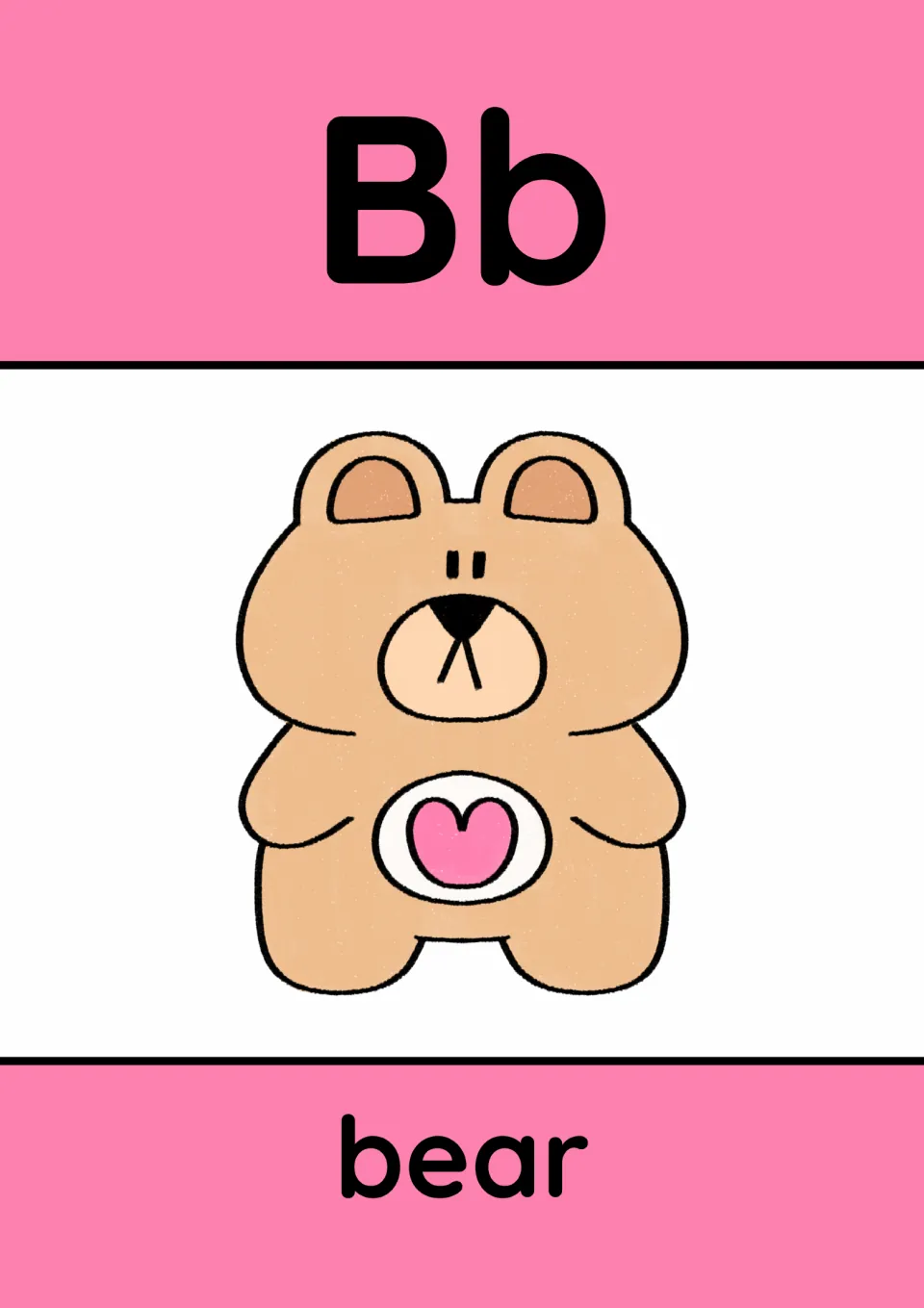 Animal alphabet poster for B: uppercase B and lowercase b paired with a bear illustration and the word 'bear'