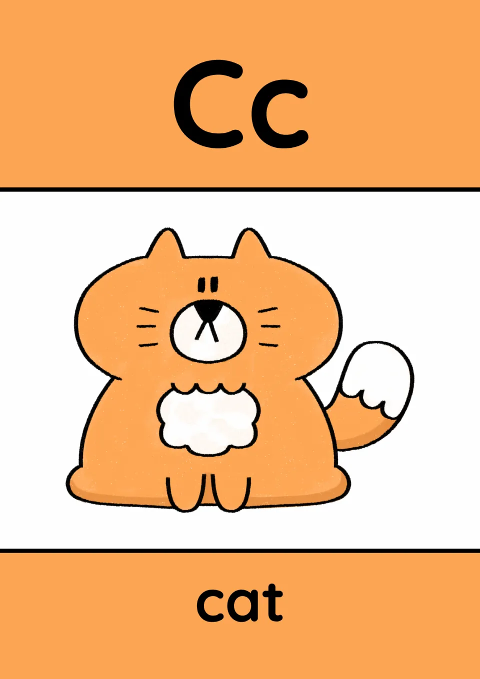Animal alphabet poster for C: uppercase C and lowercase c paired with a cat illustration and the word 'cat'