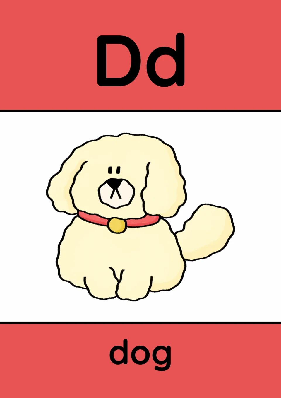 Animal alphabet poster for D: uppercase D and lowercase d paired with a dog illustration and the word 'dog'
