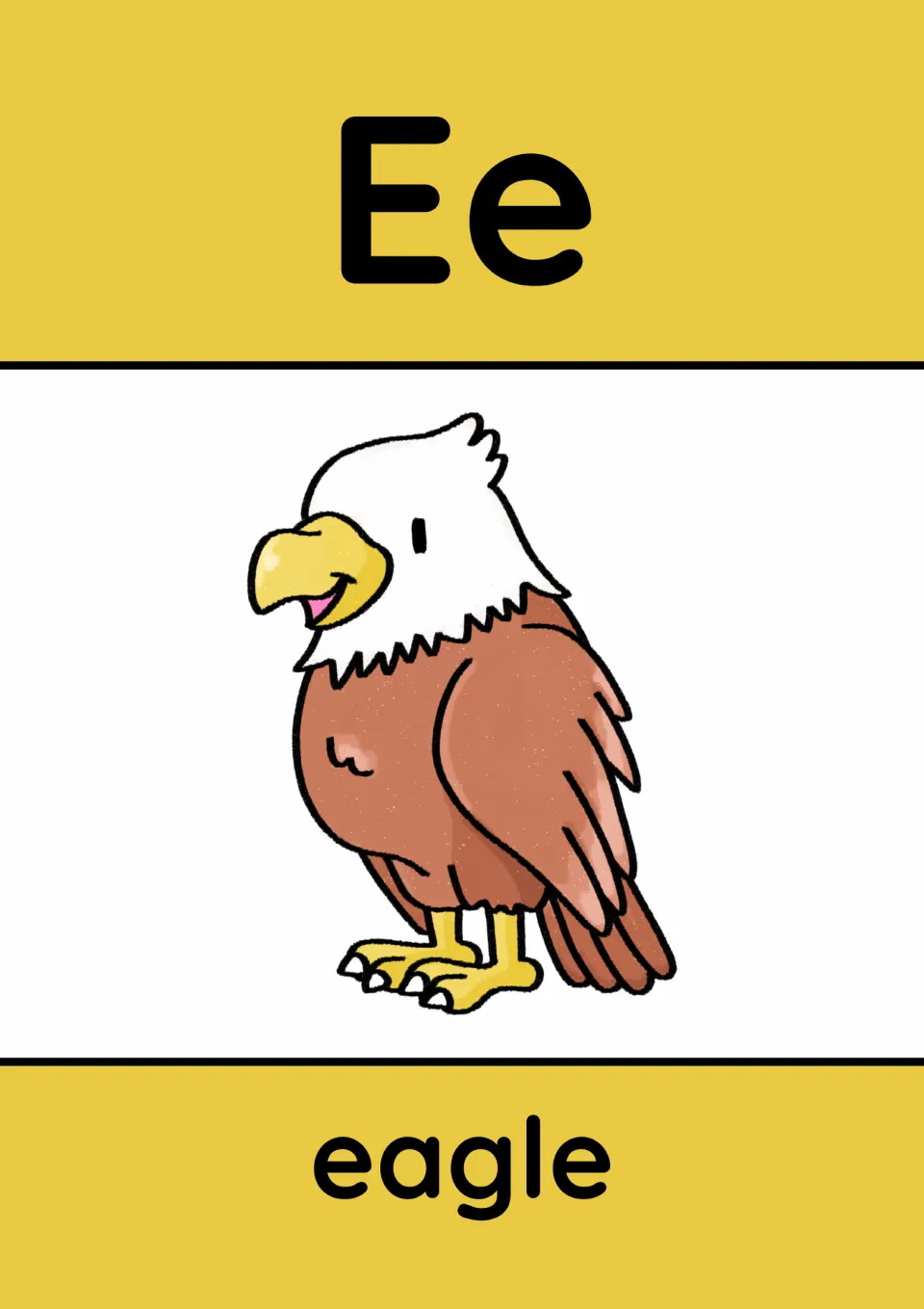 Animal alphabet poster for E: uppercase E and lowercase e paired with an eagle illustration and label