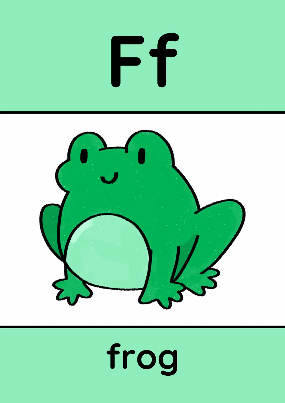 Animal alphabet poster for F: uppercase F and lowercase f paired with a frog illustration and the word 'frog'