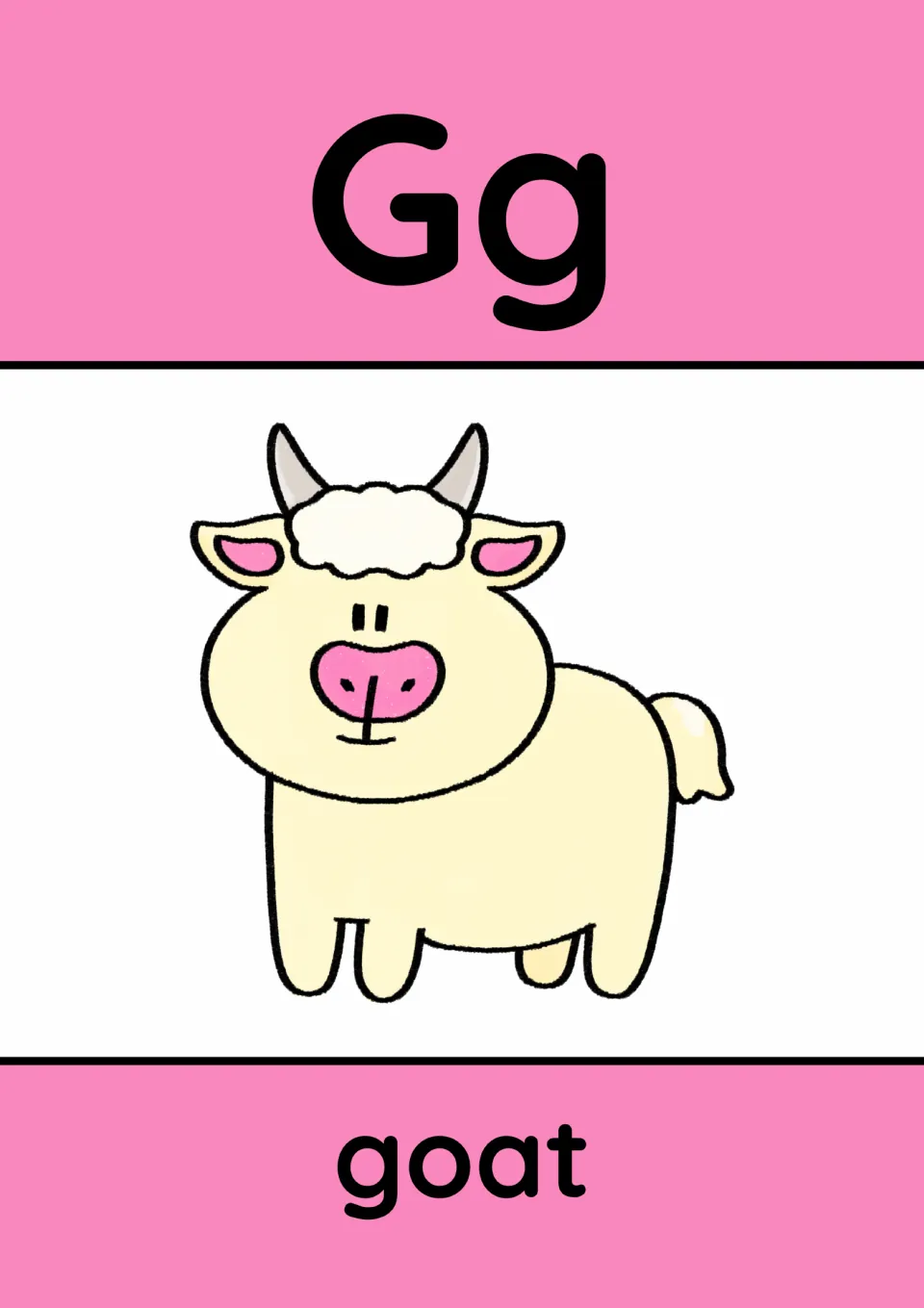 Animal alphabet poster for G: uppercase G and lowercase g paired with a goat illustration and the word 'goat'