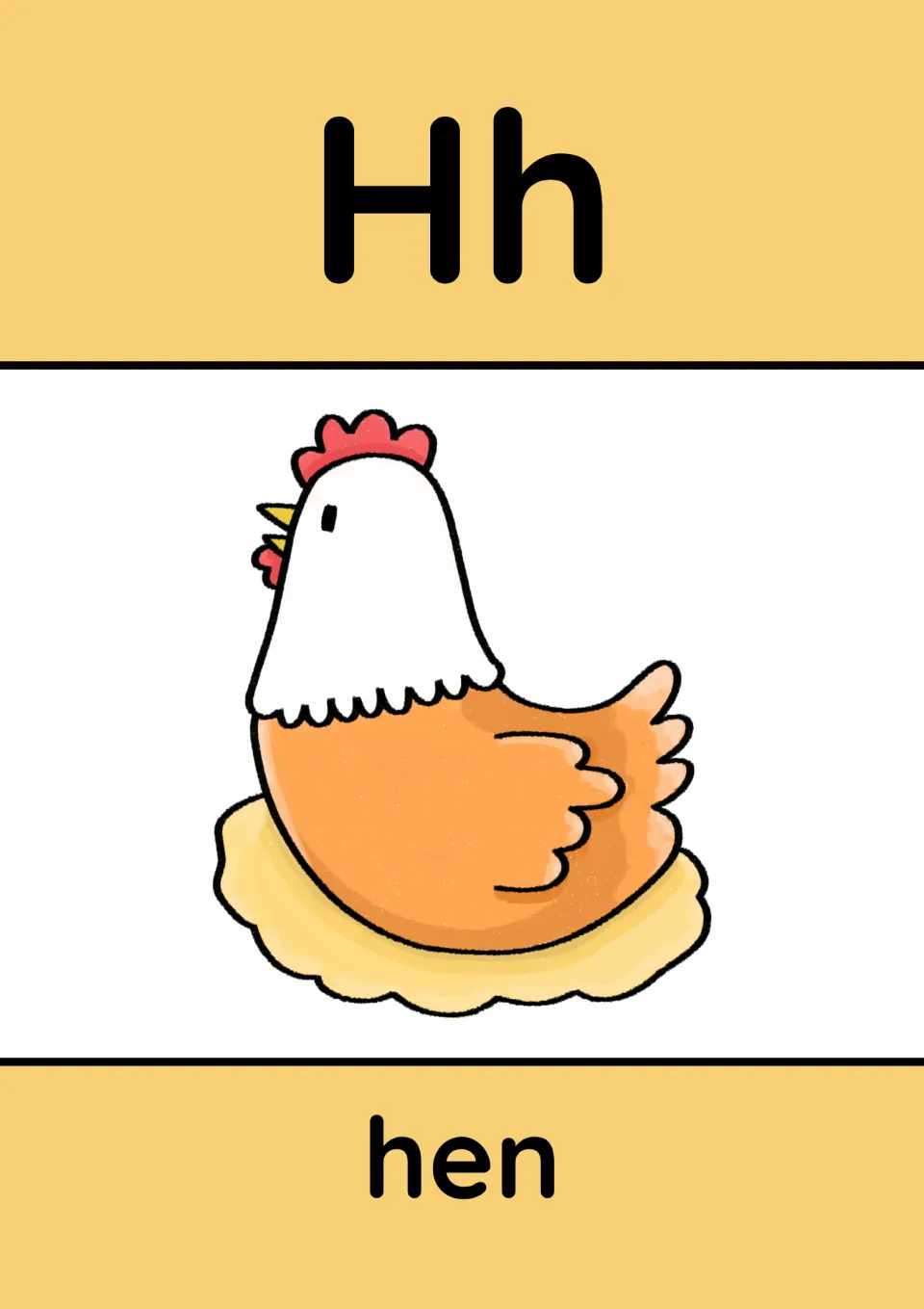 Animal alphabet poster for H: uppercase H and lowercase h paired with a hen illustration and the word 'hen'