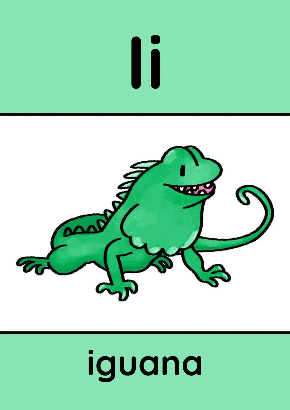 Animal alphabet poster for I: uppercase I and lowercase i paired with an iguana illustration and label