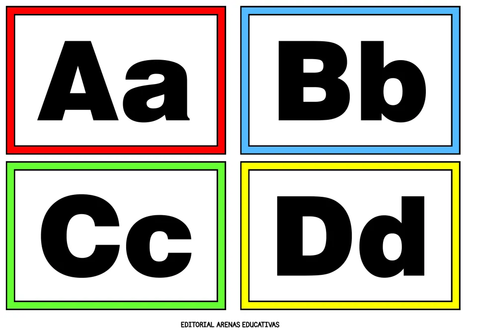 Alphabet flashcards 1–4 of 26: Aa, Bb, Cc and Dd, each pairing an uppercase letter with its lowercase form