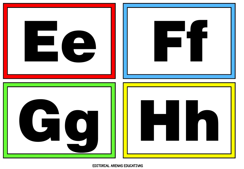 Alphabet flashcards 5–8 of 26: Ee, Ff, Gg and Hh, each pairing an uppercase letter with its lowercase form