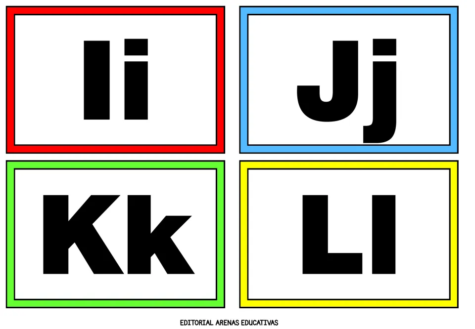 Alphabet flashcards 9–12 of 26: Ii, Jj, Kk and Ll, each pairing an uppercase letter with its lowercase form