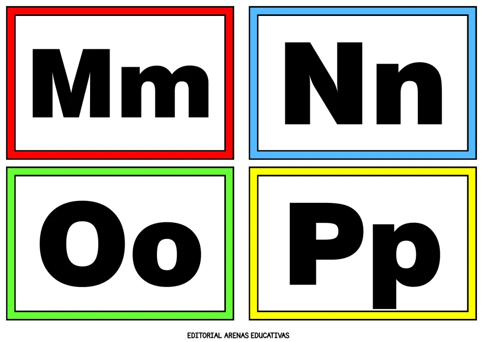 Alphabet flashcards 13–16 of 26: Mm, Nn, Oo and Pp, each pairing an uppercase letter with its lowercase form