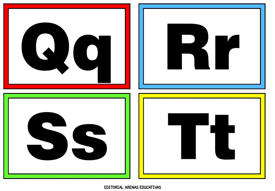 Alphabet flashcards 17–20 of 26: Qq, Rr, Ss and Tt, each pairing an uppercase letter with its lowercase form
