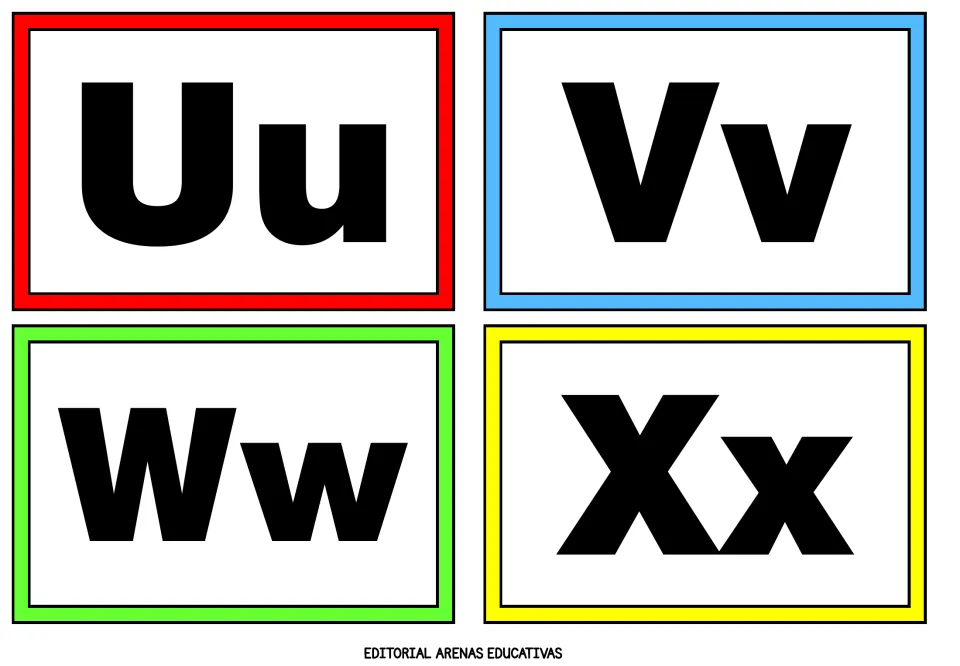 Alphabet flashcards 21–24 of 26: Uu, Vv, Ww and Xx, each pairing an uppercase letter with its lowercase form