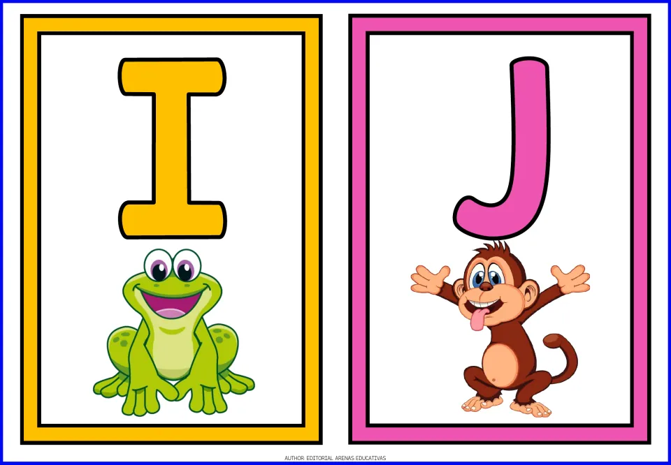 Uppercase alphabet flashcards I and J, cards 9–10 of the 26-card set for learning capital letters.