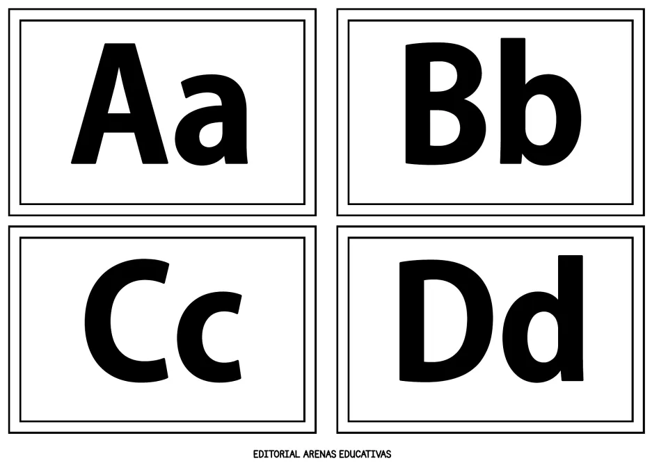 Alphabet flashcards 1–4 of 26: Aa, Bb, Cc, and Dd, each pairing an uppercase and lowercase letter in black