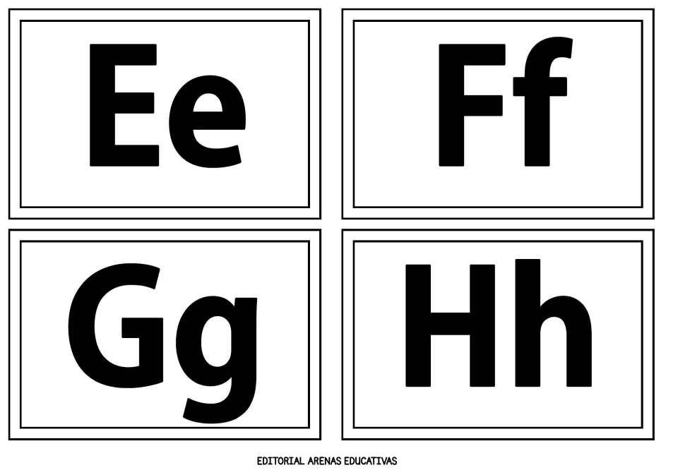 Alphabet flashcards 5–8 of 26: Ee, Ff, Gg, and Hh, each pairing an uppercase and lowercase letter in black