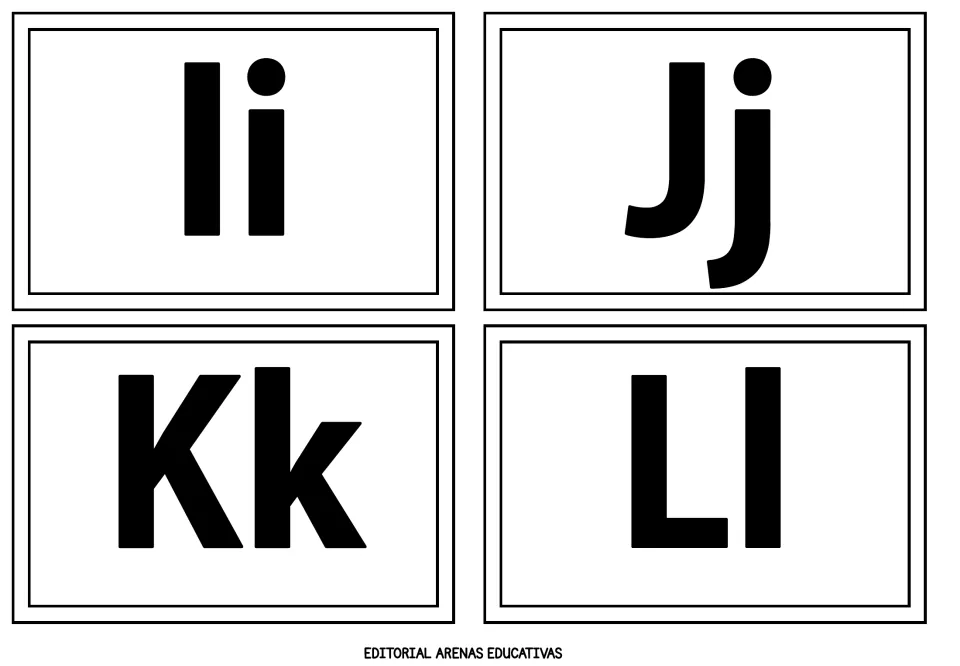 Alphabet flashcards 9–12 of 26: Ii, Jj, Kk, and Ll, each pairing an uppercase and lowercase letter in black