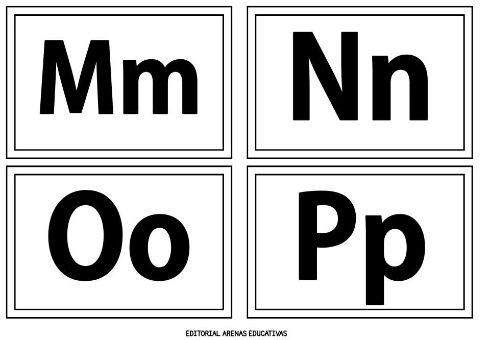 Alphabet flashcards 13–16 of 26: Mm, Nn, Oo, and Pp, each pairing an uppercase and lowercase letter in black