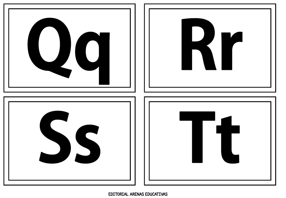 Alphabet flashcards 17–20 of 26: Qq, Rr, Ss, and Tt, each pairing an uppercase and lowercase letter in black