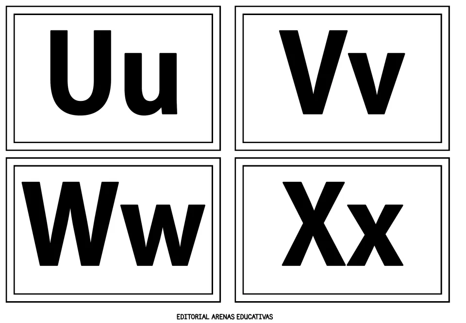 Alphabet flashcards 21–24 of 26: Uu, Vv, Ww, and Xx, each pairing an uppercase and lowercase letter in black