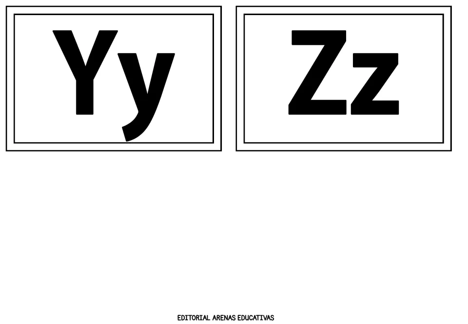 Alphabet flashcards 25–26 of 26: Yy and Zz, each pairing an uppercase and lowercase letter in black