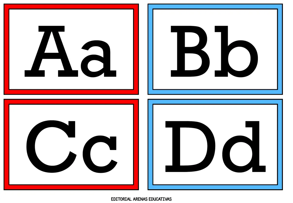 Alphabet flashcards 1–4 of 26: uppercase and lowercase letter pairs Aa, Bb, Cc, and Dd from the A–Z set.