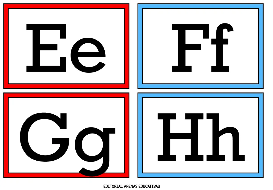 Alphabet flashcards 5–8 of 26: uppercase and lowercase letter pairs Ee, Ff, Gg, and Hh from the A–Z set.