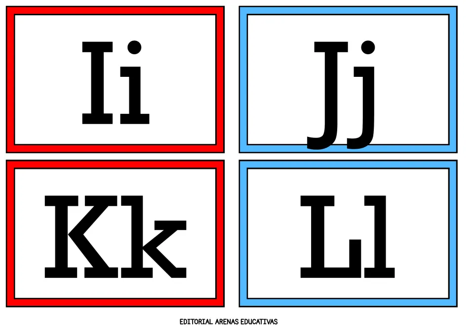 Alphabet flashcards 9–12 of 26: uppercase and lowercase letter pairs Ii, Jj, Kk, and Ll from the A–Z set.