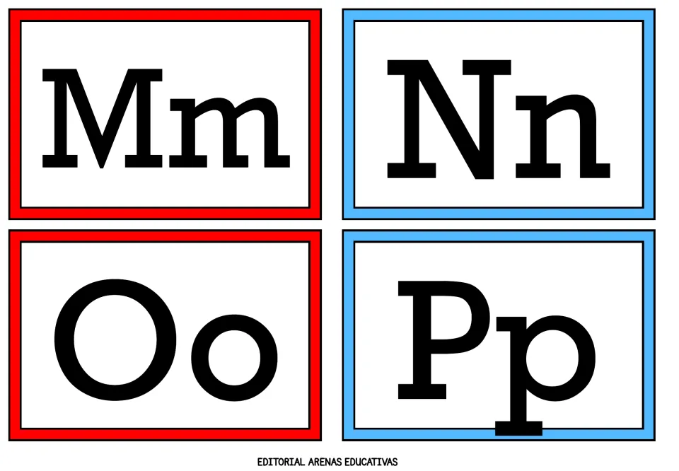 Alphabet flashcards 13–16 of 26: uppercase and lowercase letter pairs Mm, Nn, Oo, and Pp from the A–Z set.