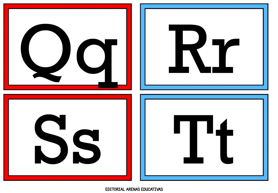 Alphabet flashcards 17–20 of 26: uppercase and lowercase letter pairs Qq, Rr, Ss, and Tt from the A–Z set.