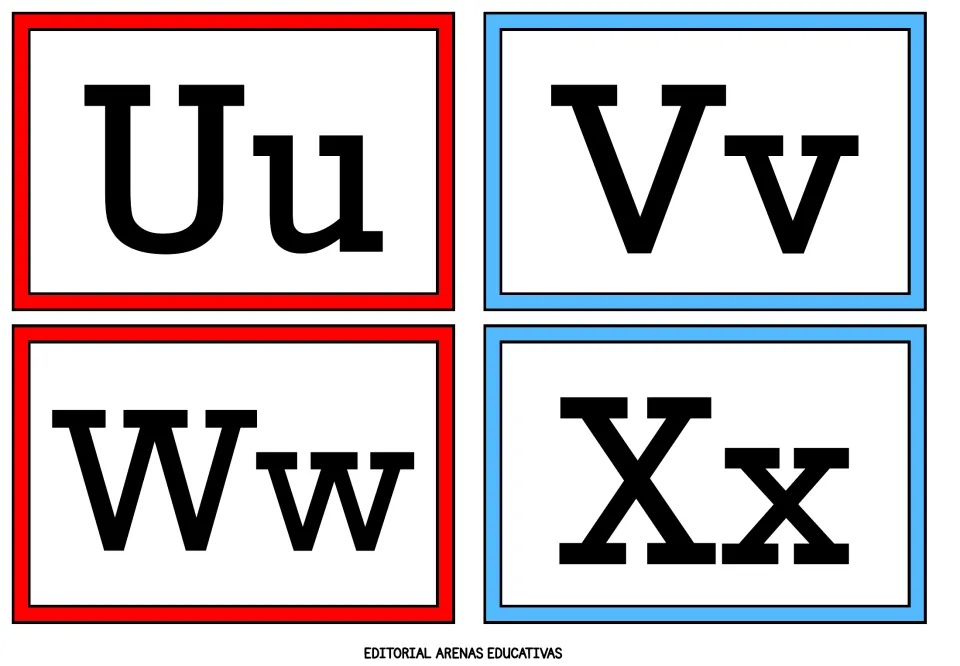 Alphabet flashcards 21–24 of 26: uppercase and lowercase letter pairs Uu, Vv, Ww, and Xx from the A–Z set.