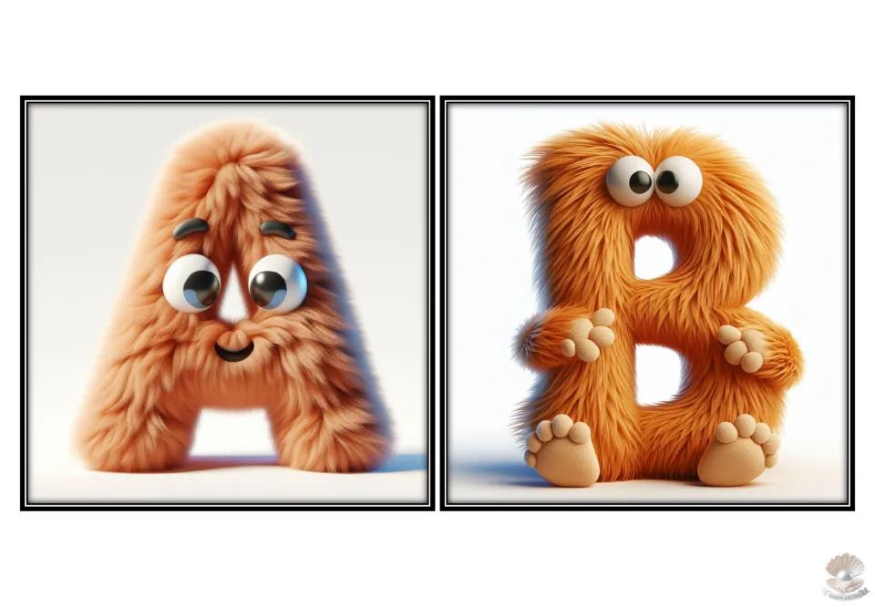 Uppercase alphabet flashcards A and B for letter recognition, each shown as an orange furry character