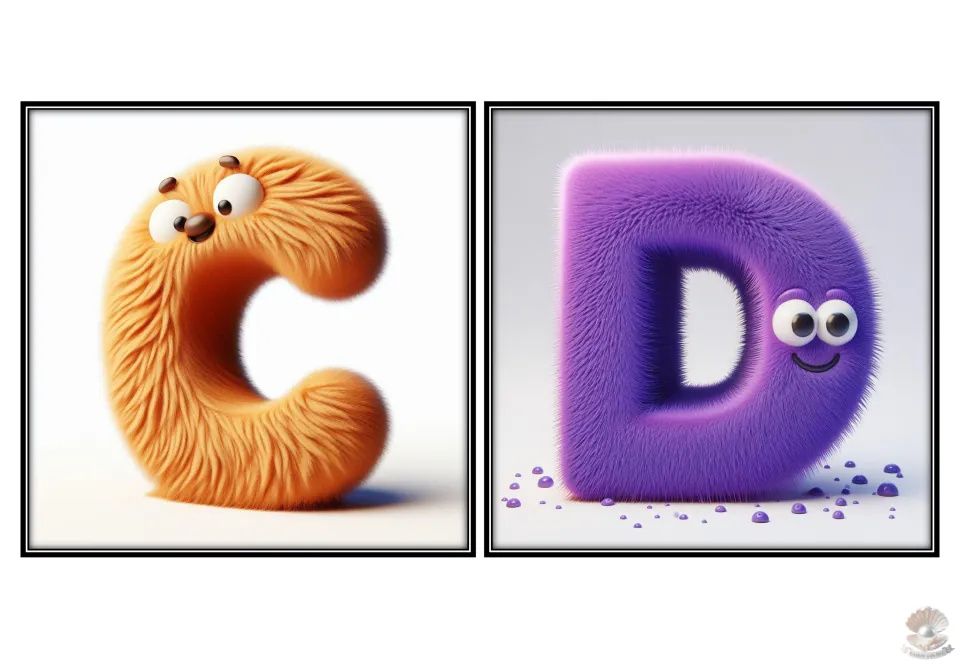 Uppercase alphabet flashcards C and D for letter recognition, featuring orange C and purple D characters