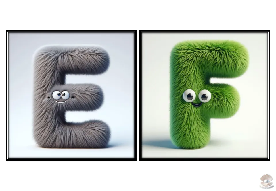 Uppercase alphabet flashcards E and F for letter recognition, featuring gray E and green F characters