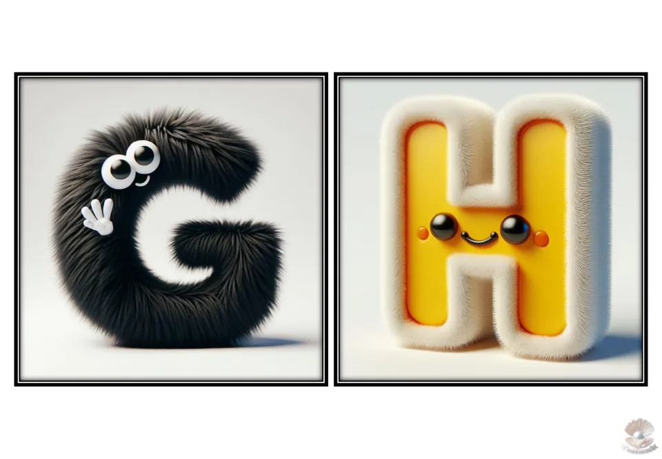 Uppercase alphabet flashcards G and H for letter recognition, featuring black G and yellow-and-white H