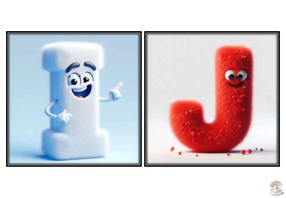 Uppercase alphabet flashcards I and J for letter recognition, featuring white I and red J characters