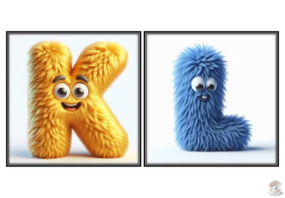 Uppercase alphabet flashcards K and L for letter recognition, featuring yellow K and blue L characters