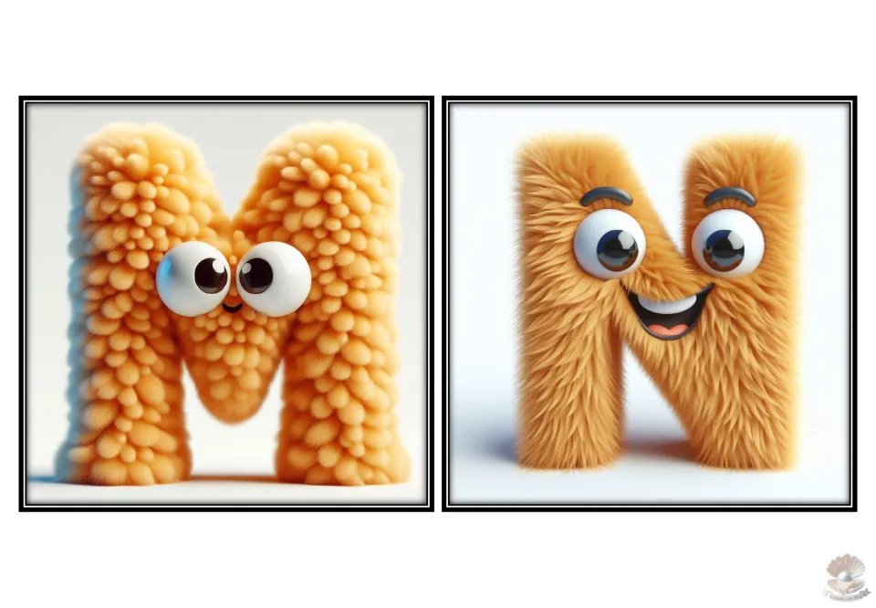 Uppercase alphabet flashcards M and N for letter recognition, each shown as a golden textured character