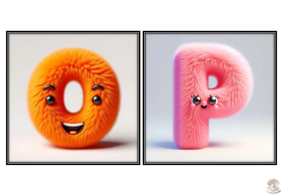 Uppercase alphabet flashcards O and P for letter recognition, featuring orange O and pink P characters