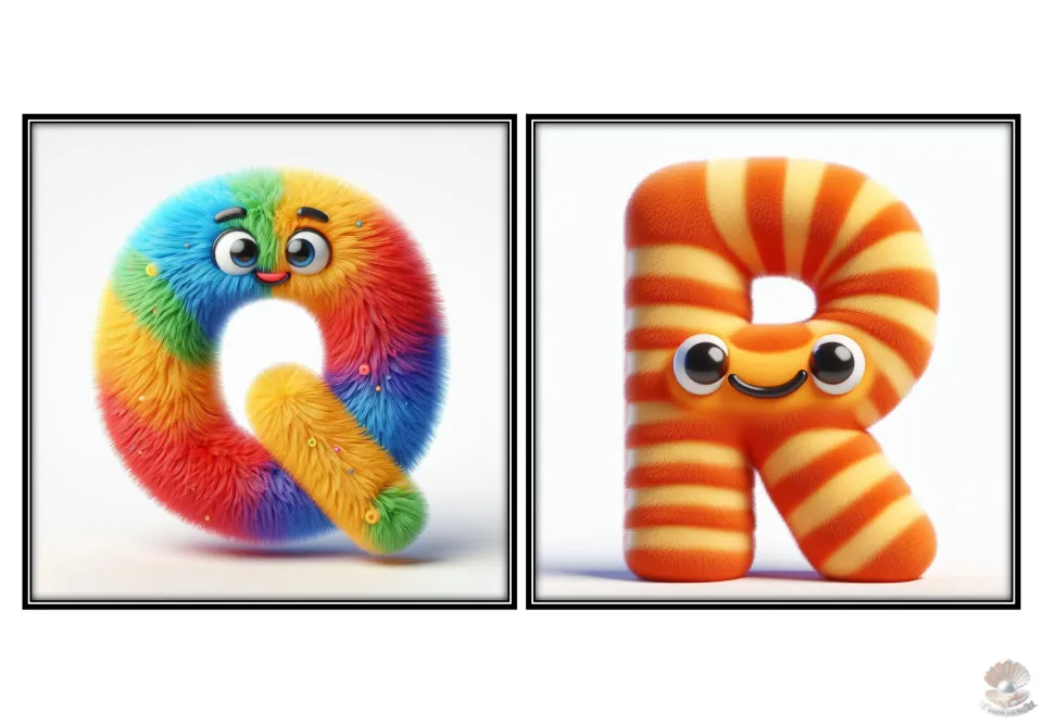 Uppercase alphabet flashcards Q and R for letter recognition, featuring rainbow Q and orange-striped R