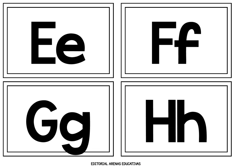 Cards for Ee, Ff, Gg and Hh: students name each one and match the capital form to its small partner on the same card