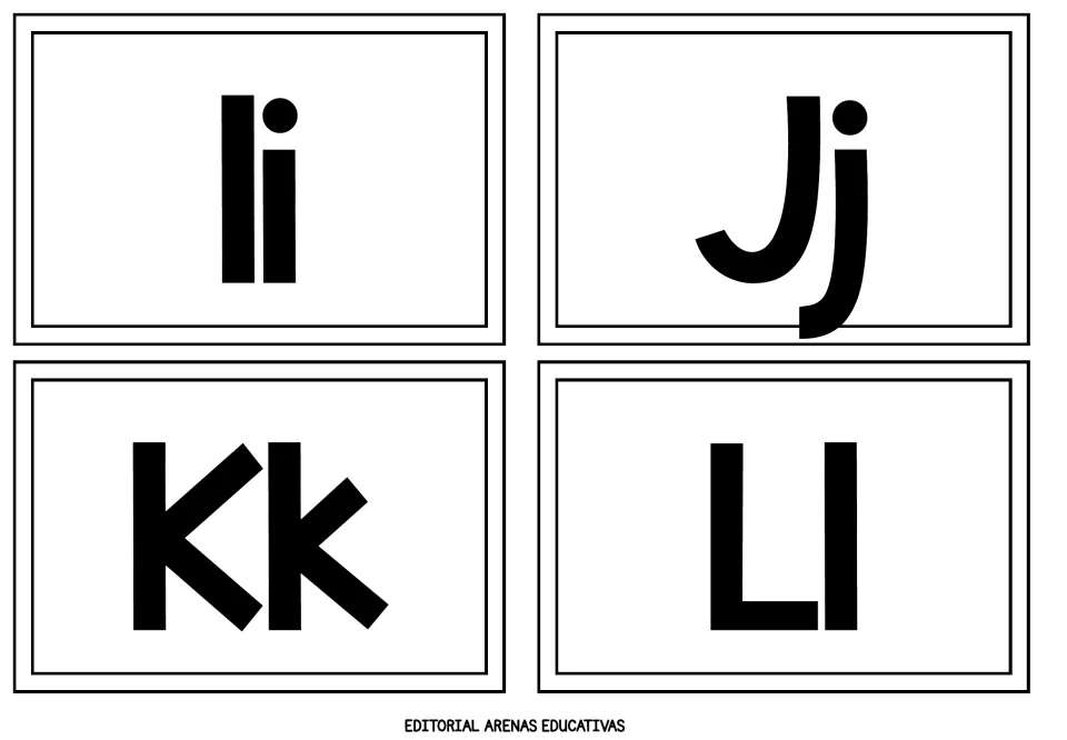 Flashcards for Ii, Jj, Kk and Ll showing upper and lowercase forms side by side for practising letter recognition
