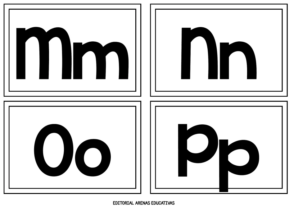 Alphabet cards Mm, Nn, Oo and Pp in bold print so students can name each letter and compare its capital and small form